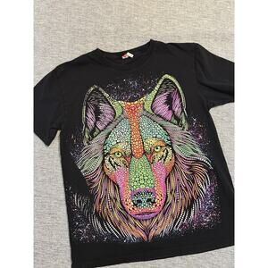 Unisex M/L Codigo Cotton Black Psychedelic Neon Graphic Wolf T Shirt